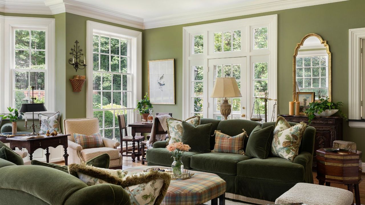 formal living room with green color scheme