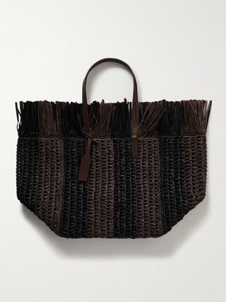 Medium Leather-Trimmed Fringed Striped Raffia Tote