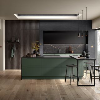 A green kitchen with an island in a Japanese style