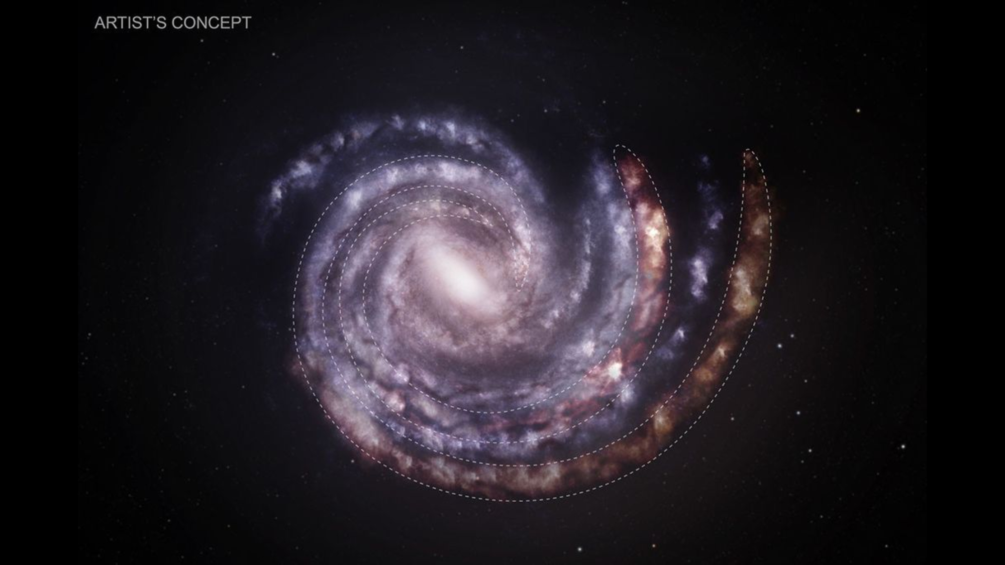 The Milky Way's spiral arms are shown where they were thought to be before and where they are now thought to extend to.