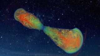 a colorful burst of gases in an hourglass shape in space