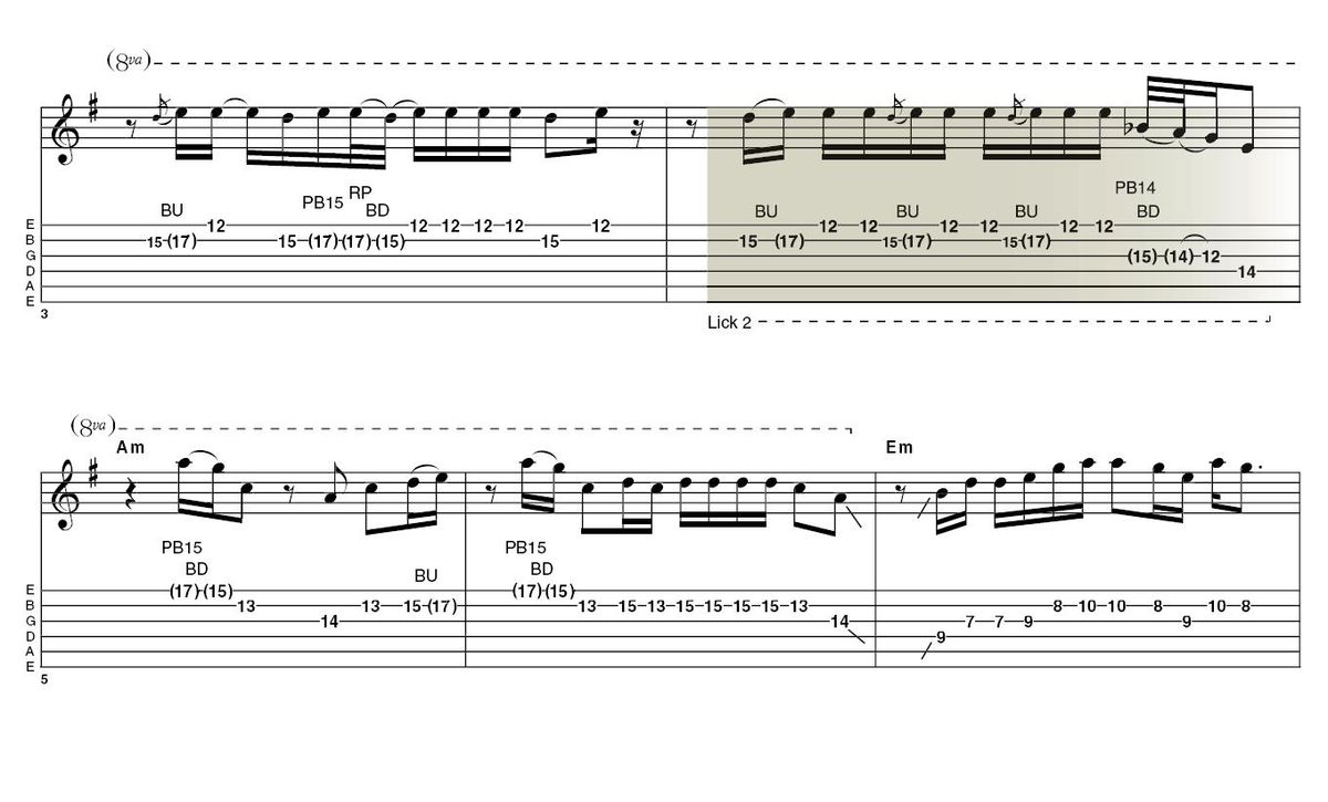 Lick 2: Here&acute;s one of Jack&acute;s &lsquo;stuttering&acute; licks. Whether you start with your first finger or thumb here (We used the finger but it&acute;s up to you), use the other to stop the note in its tracks almost immediately. Then pluck again and repeat the procedure. This ends with a true blues phrase that all the greats have employed.