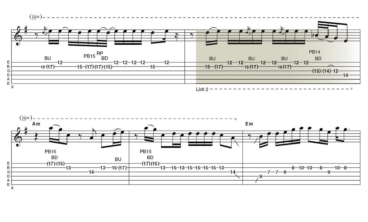 Lick 2: Here&acute;s one of Jack&acute;s &lsquo;stuttering&acute; licks. Whether you start with your first finger or thumb here (We used the finger but it&acute;s up to you), use the other to stop the note in its tracks almost immediately. Then pluck again and repeat the procedure. This ends with a true blues phrase that all the greats have employed.