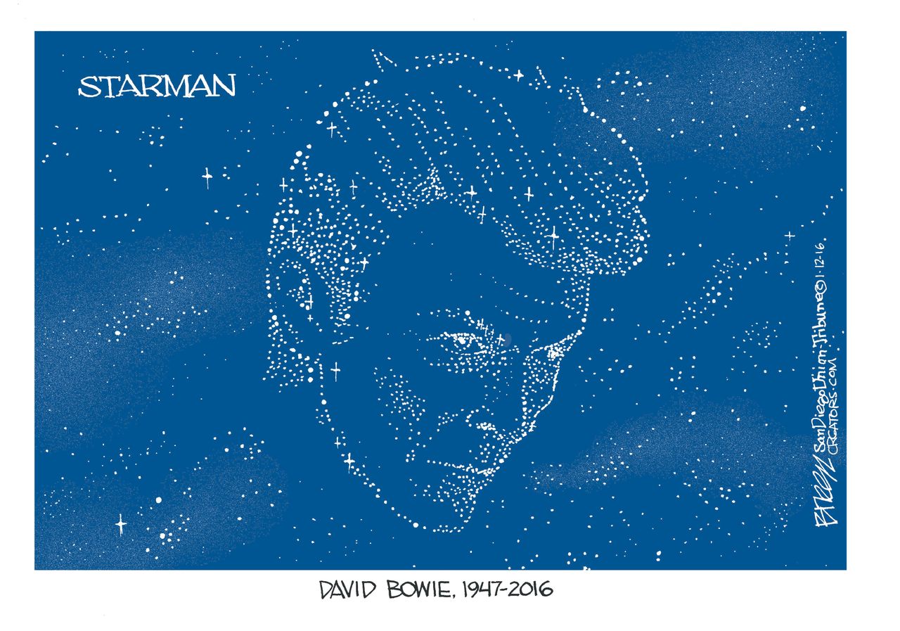 Editorial cartoon RIP David Bowie Starman