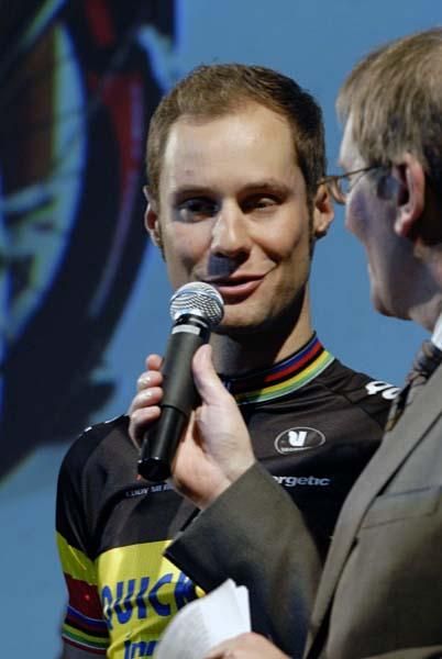Tom Boonen takes a turn at the mike.