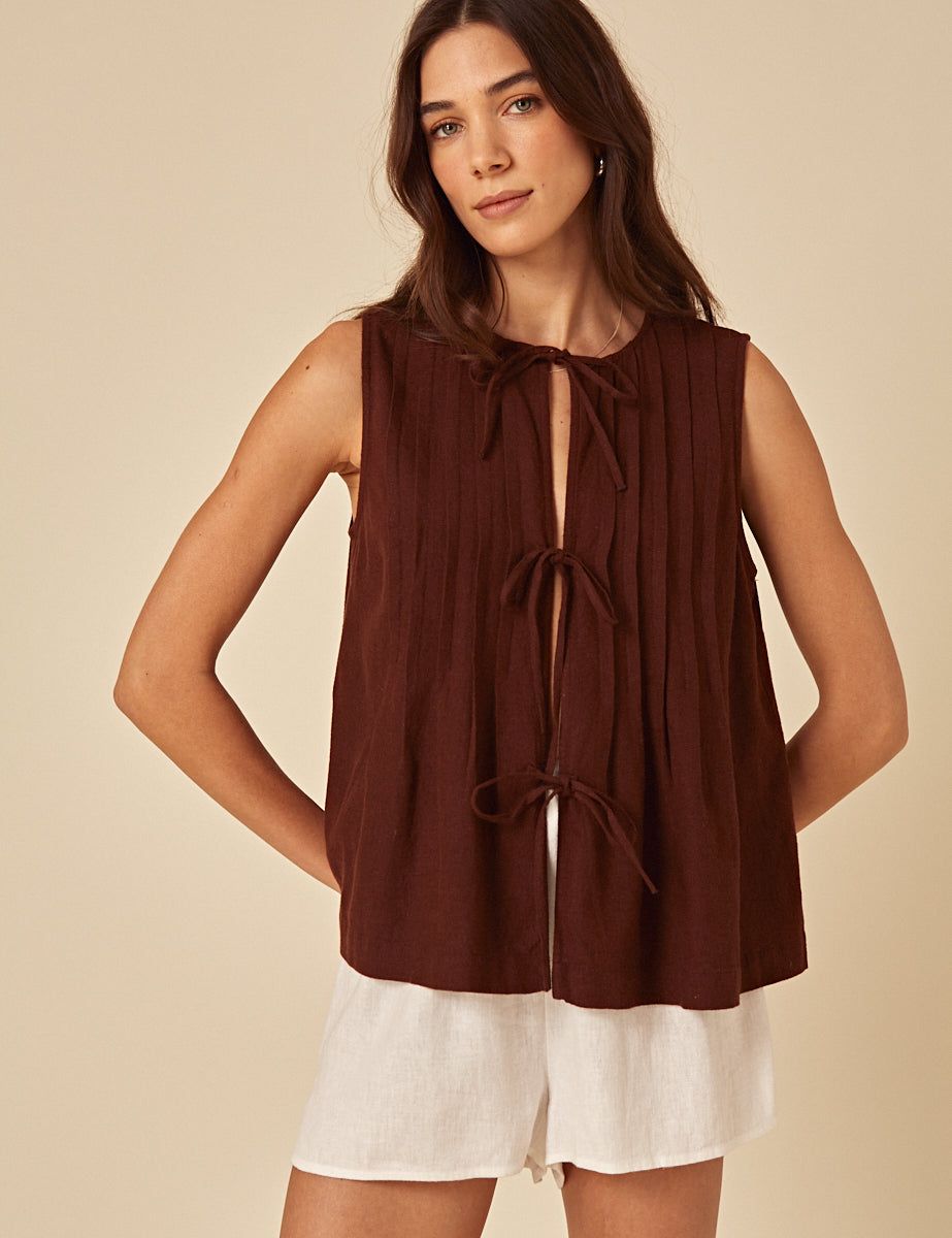 Brown Linen-Blend Tie Front Top