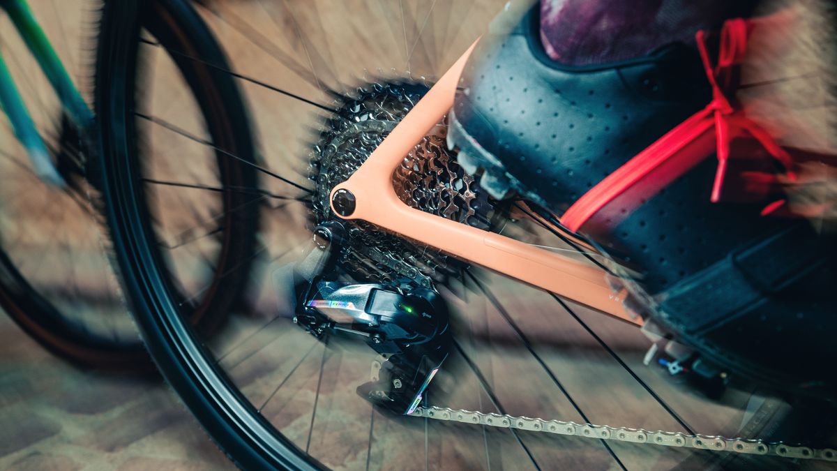 A close up the rear of a gravel bike being ridden