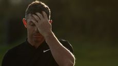 Rory McIlroy holds his face after a disappointing finish at the Genesis Invitational