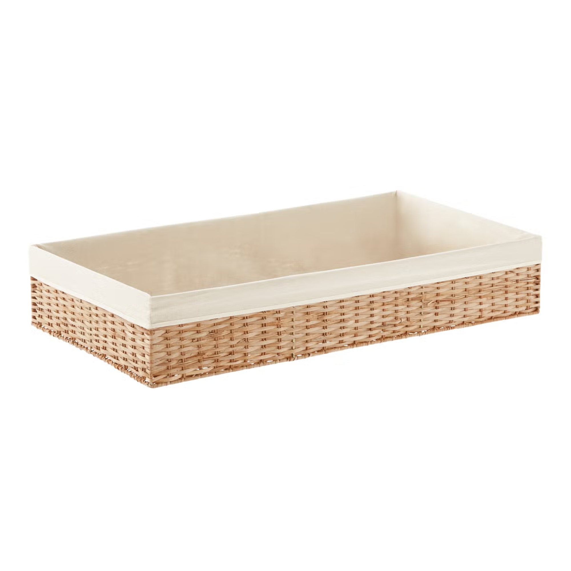 a woven underbed storage basket with a fabric lining