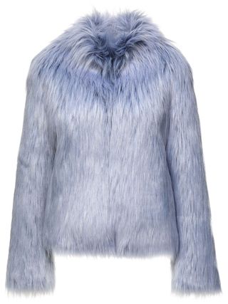 a blue shaggy faux-fur long-sleeve jacket on a plain backdrop