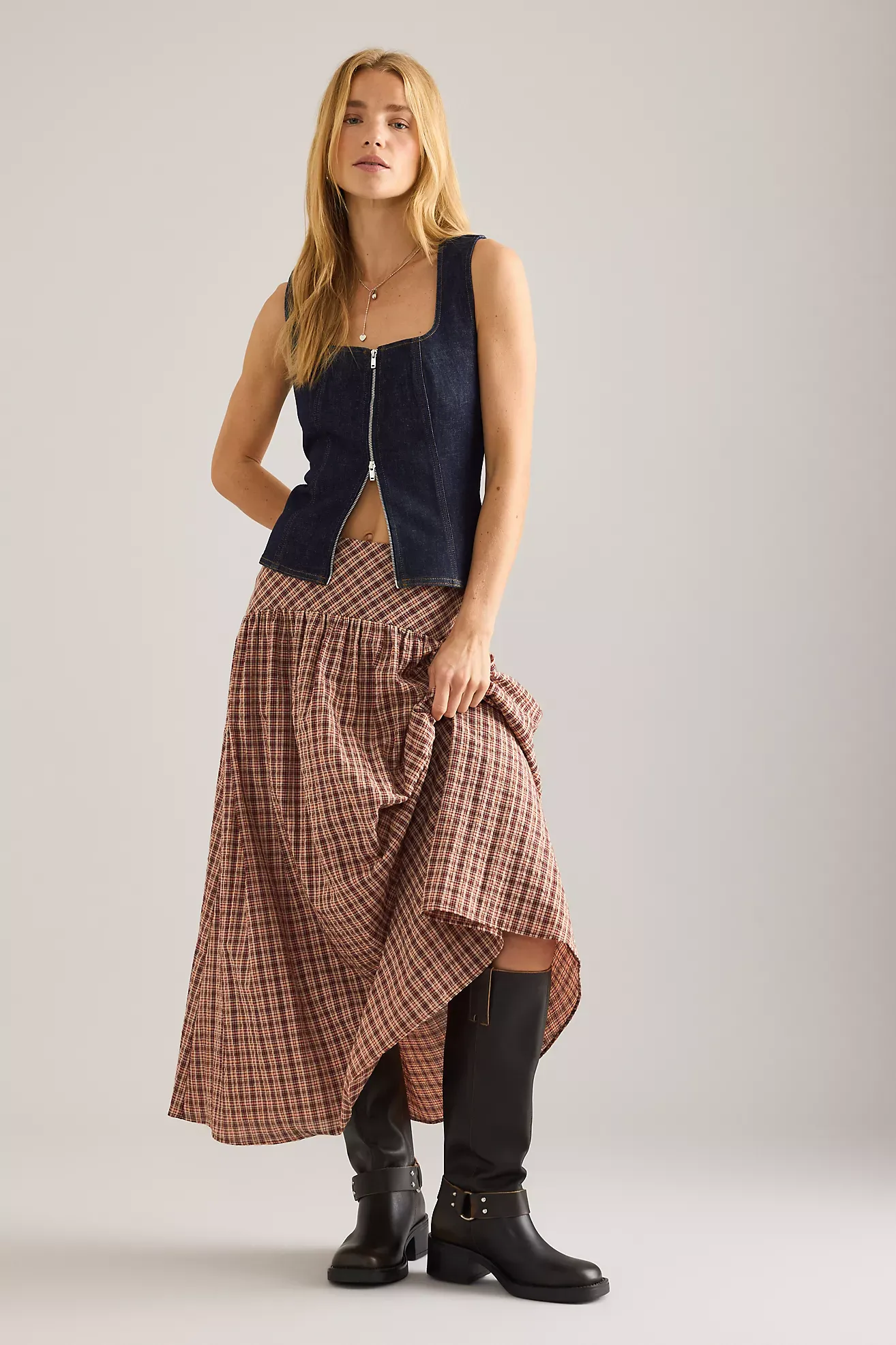 By Anthropologie Basque Waist Check Midi Skirt