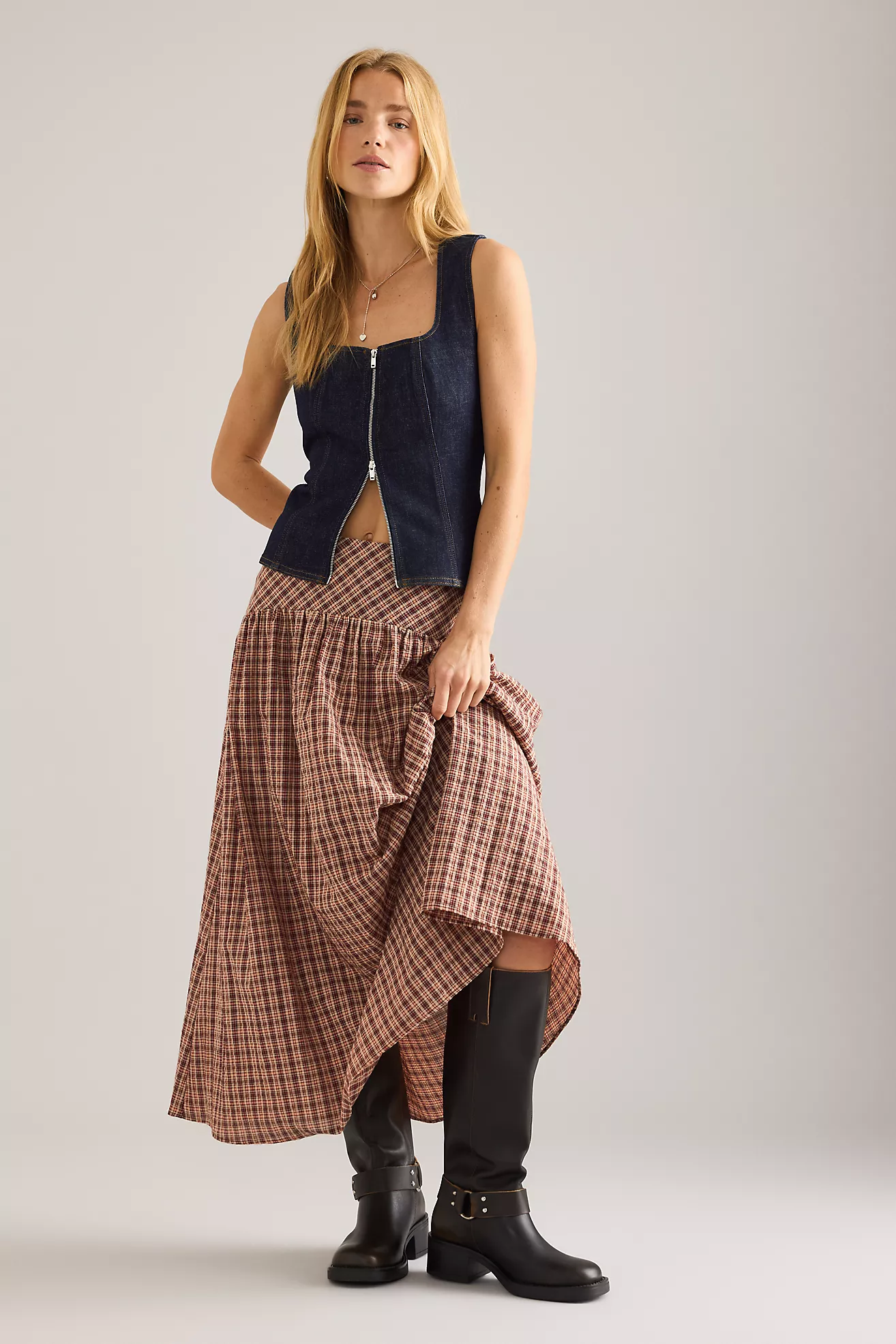 By Anthropologie Basque Waist Check Midi Skirt