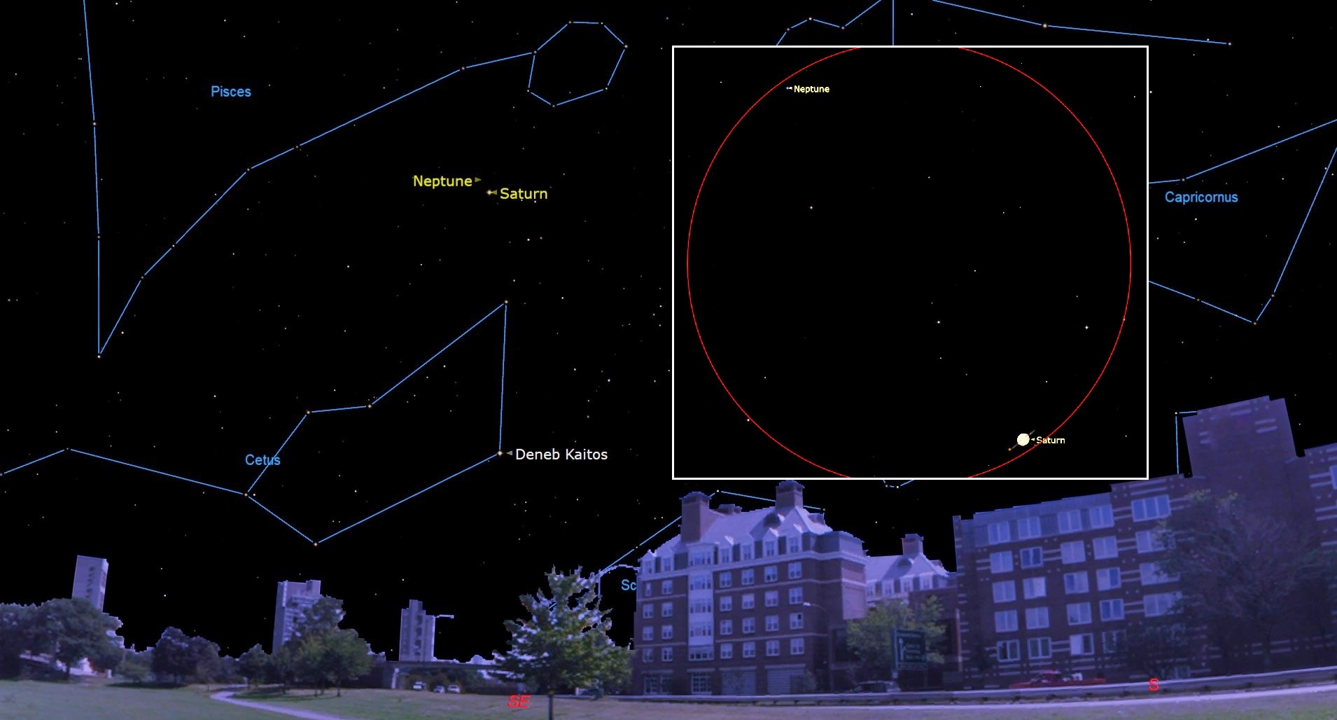 Night sky map showing Saturn shining near Neptune.