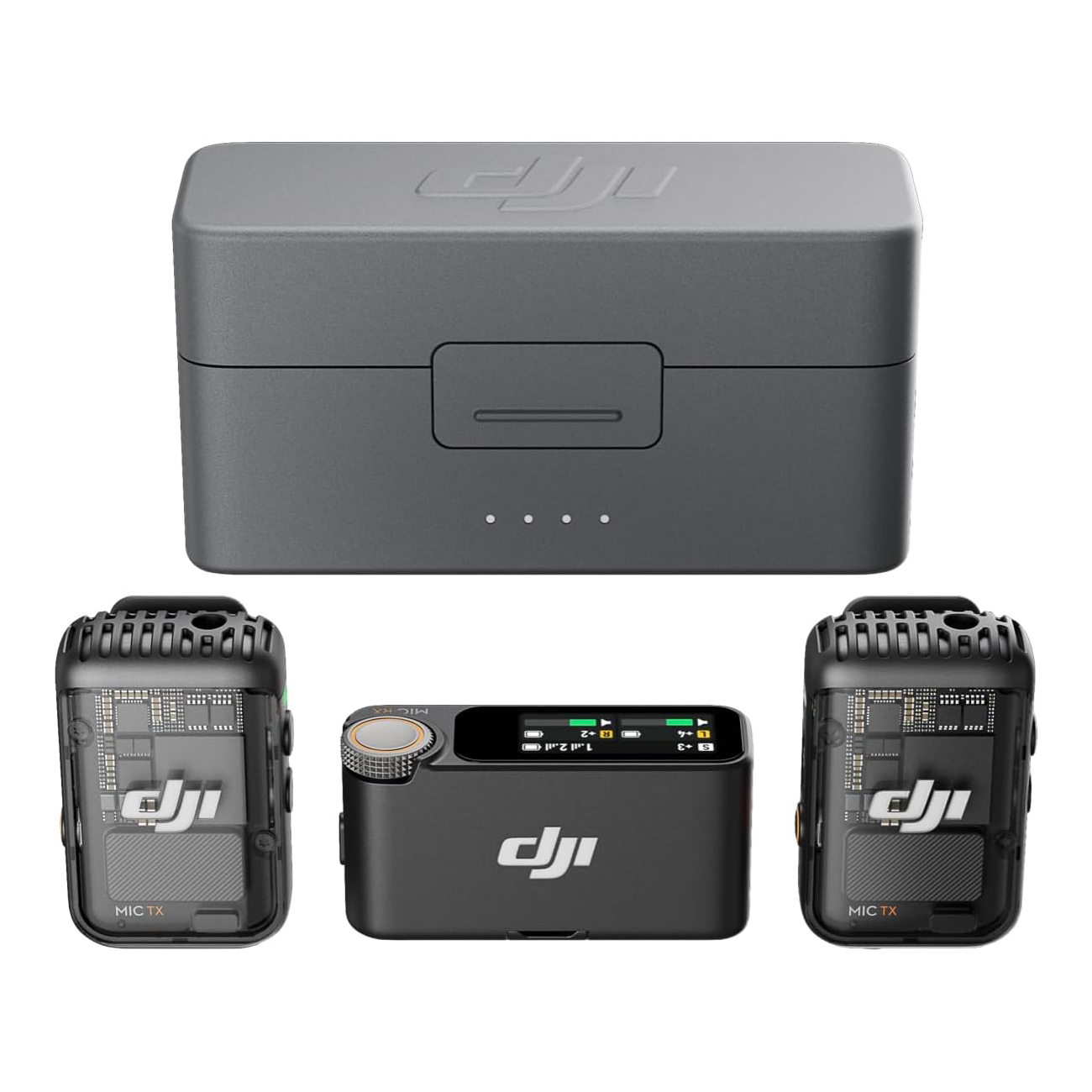 DJI Mic 2 transmitters, receiver and charging case on a white background