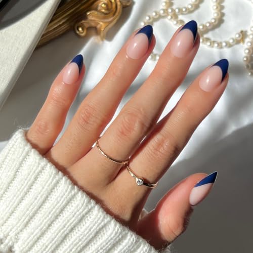 Glamnetic Press on Nails - Short Almond, Glossy Fake Nails 30 Pc Full Kit | Everyday Navy Press on Nails in 15 Sizes. French Tip Glue-On Set. Chip-Resistant, Up to 2 Weeks Wear
