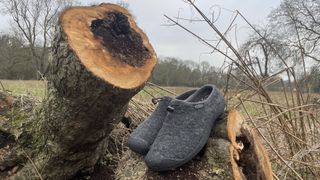 Keen Howser Slide shoes on a log