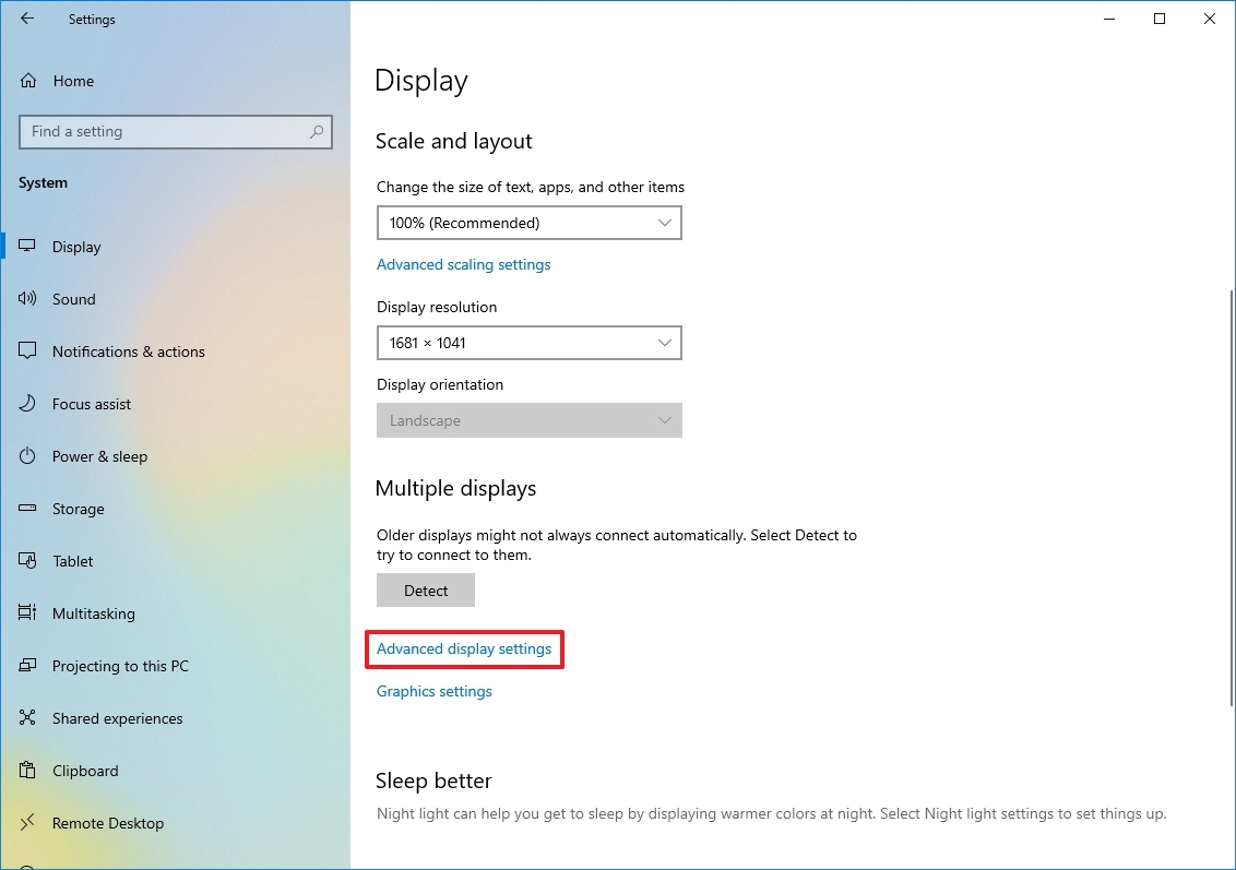 Display settings with Advanced display settings option