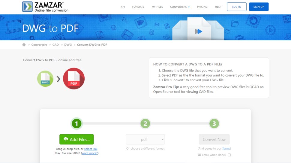 Website screenshot for Zamzar DWG to PDF