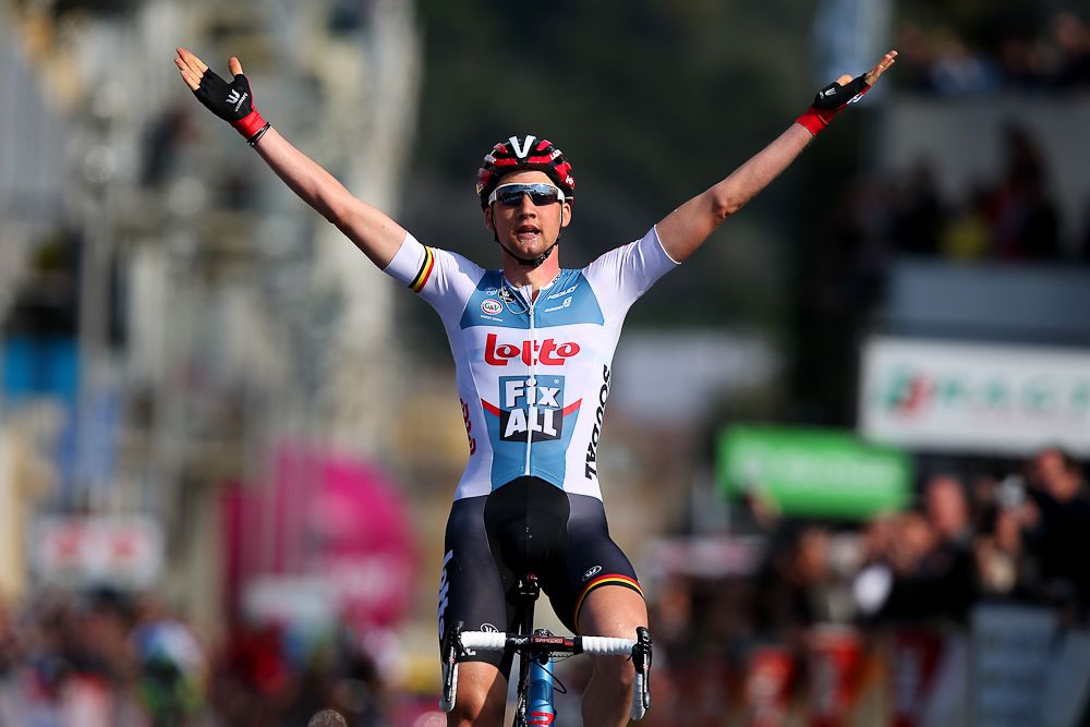 Tim Wellens of Belgium and Lotto Soudal celebrates as he crosses the finish line to win stage 7 of the 2016 Paris-Nice