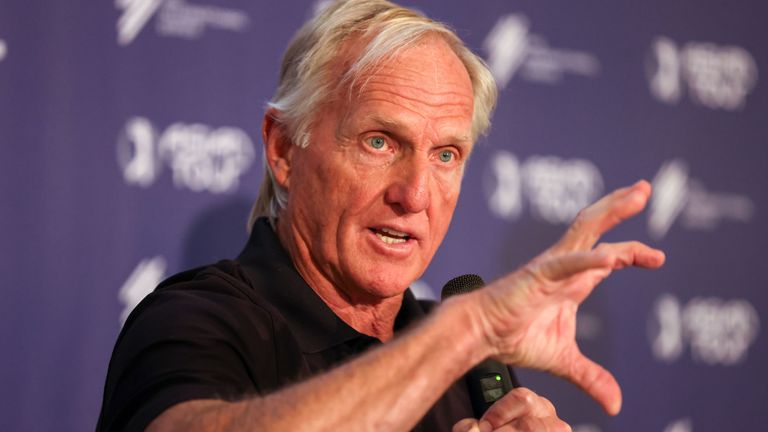 Greg Norman speaking at a press conference