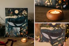 Three images of the Candle Advent Calendars, one of the tealight in the tealight holder, one of it being held, and one of the tealight in front of the light