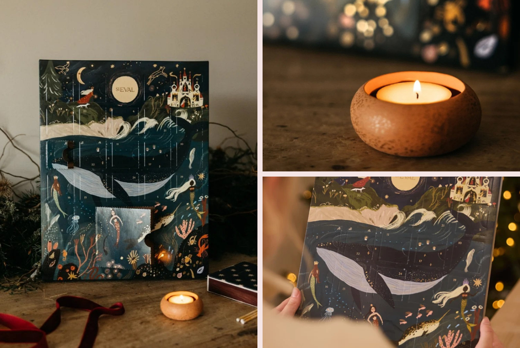 Three images of the Candle Advent Calendars, one of the tealight in the tealight holder, one of it being held, and one of the tealight in front of the light