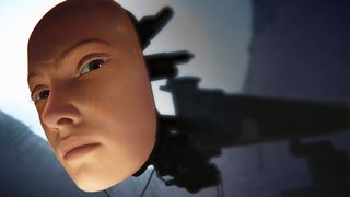 A human face on a mechanical arm in indie game Prove You're Human