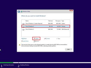 Delete partitions to install Windows 10