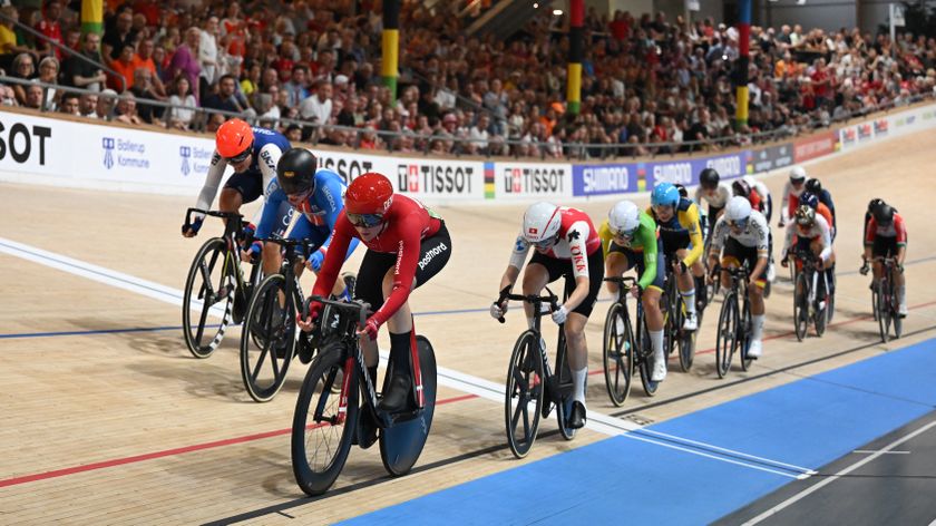 Denmark&#039;s Julie Leth (front) competes to win the women&#039;s point race of the UCI Track Cycling World Championships in Ballerup, Denmark, on October 20, 2024. 