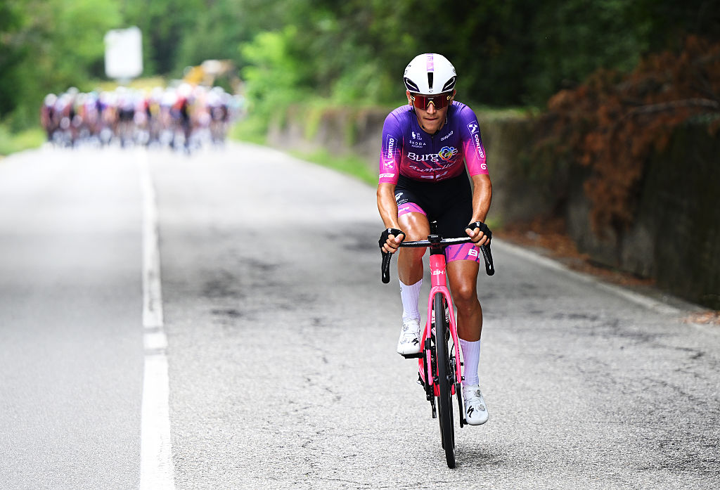 Hugo De La Calle of Spain and Team Burgos Burpellet BH competes in the chase group during the La Vuelta - 80th Tour of Spain 2025, Stage 1 a 186.7km stage from Torino-Reggia di Venaria to Novara / #UCIWT / on August 23, 2025 in Novara, Italy. (Photo by Dario Belingheri/Getty Images)