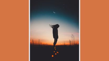 New Moon August 2022 feature a woman's silhouette under a new moon on an orange background