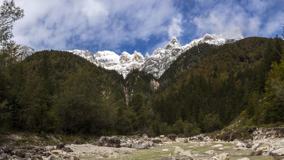 The Rio Freddo River in the foreground of the Italian Julian Alps