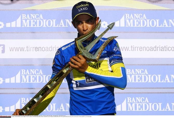 Alberto Contador (Tinkoff-Saxo) with the winner's trophy in Tirreno-Adriatico