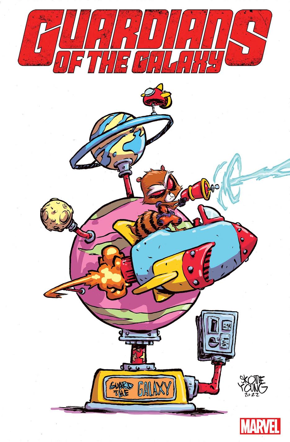 a cartoonish Rocket Racoon rides in a child's rocket ride