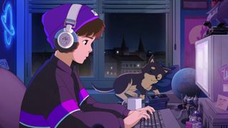 Synthwave Boy and his dog.