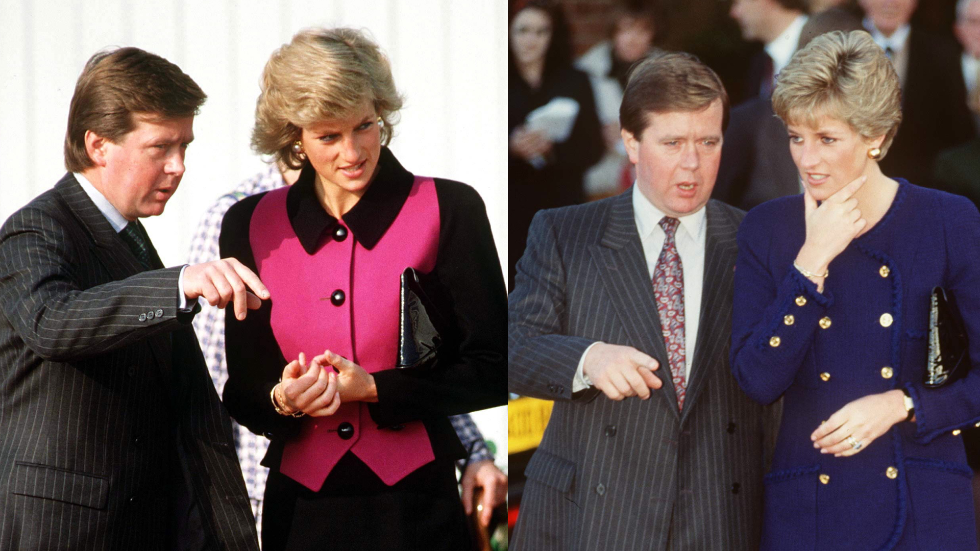 A split image of Ken Wharfe talking to Princess Diana