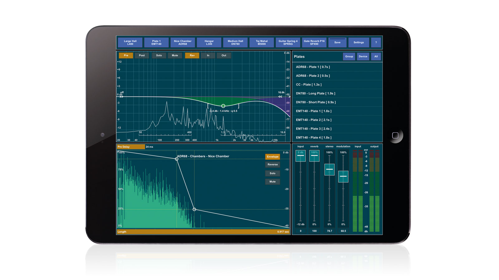 Above that, a three-band EQ (LF filter, HF filter and parametric band) can be applied to the input or output