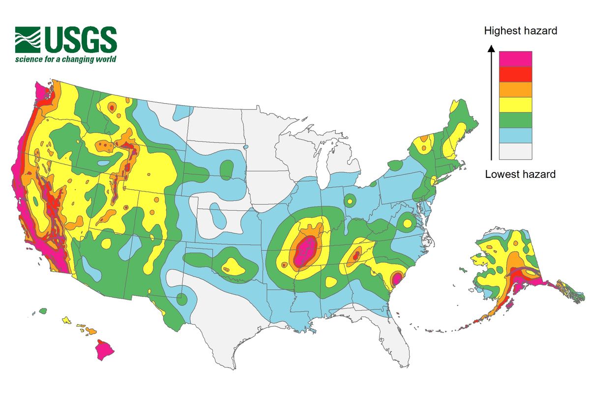 This hazard map by the U.S. Geological Survey reveals earthquake ground motions for various probability levels across the United States.