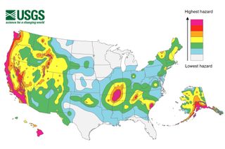 This hazard map by the U.S. Geological Survey reveals earthquake ground motions for various probability levels across the United States.