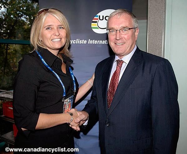 Gestev's Chantal Lachance with UCI President Pat McQuaid