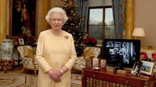Queen Elizabeth ll delivers her Christmas speech in the 1844 Room at Buckingham Palace