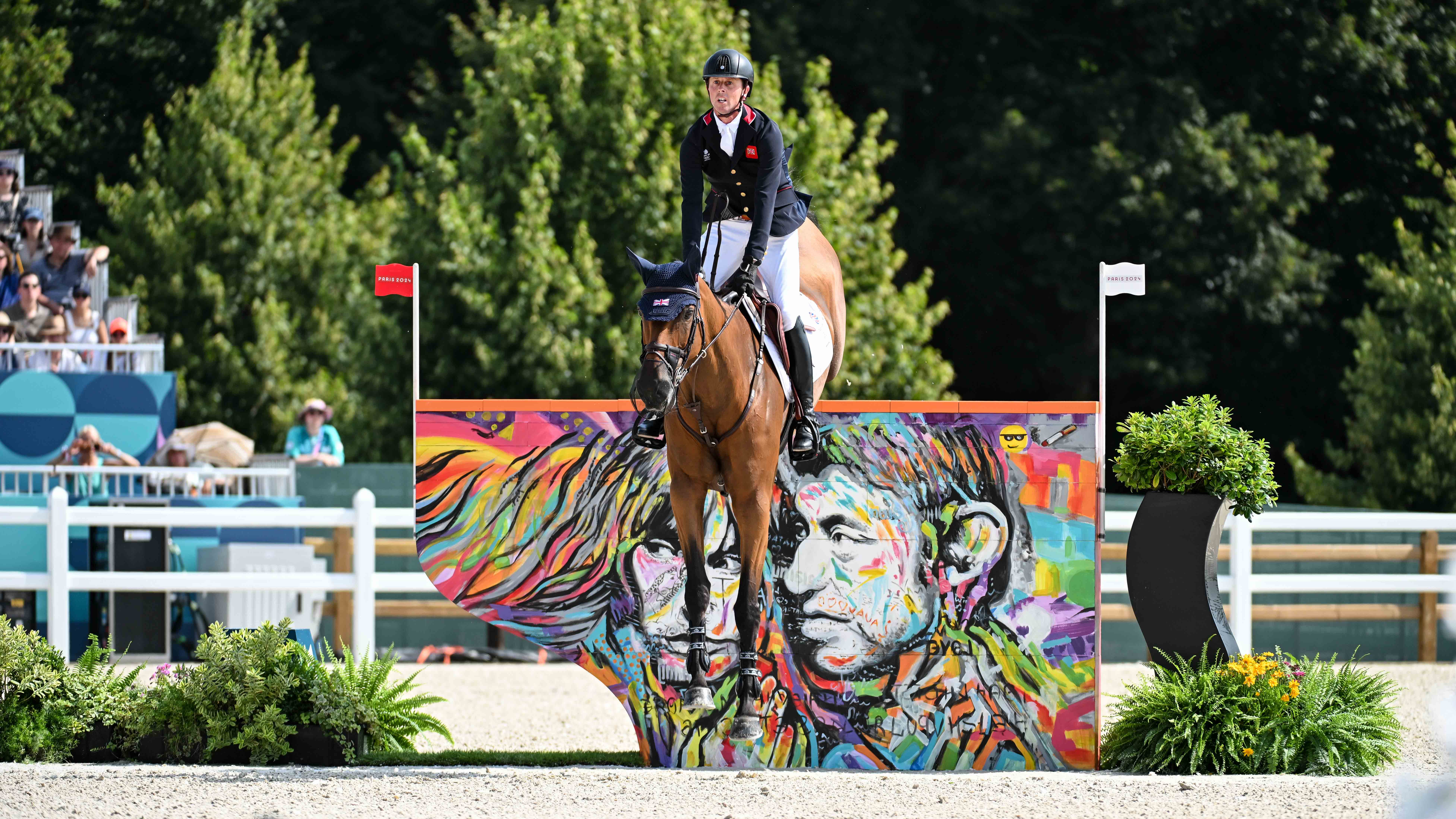 Ben Maher and Dallas Vegas Batilly jump clear in round one of the Paris 2024 Olympic showjumping team competition.