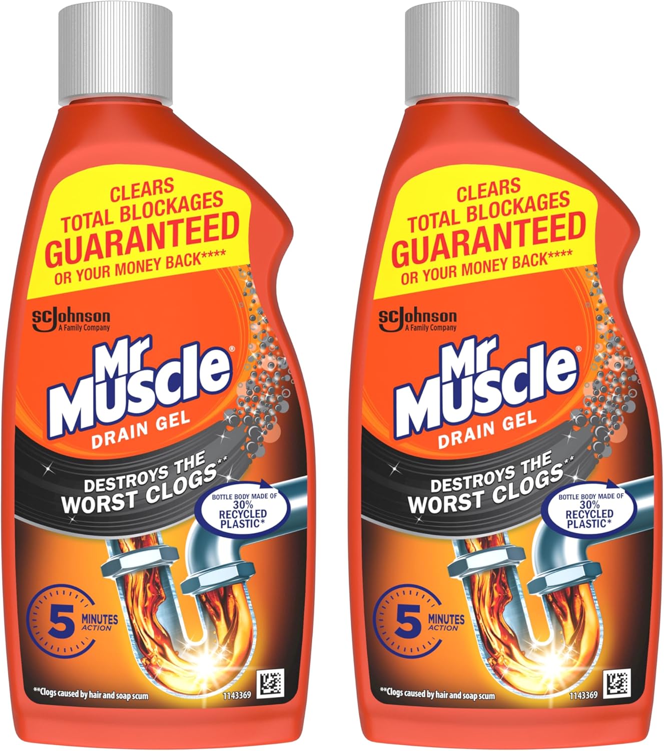 Mr Muscle Drain Unblocker, Sink &amp;amp; Drain Cleaner, Heavy Duty Drain Gel, 2 X 500 Ml