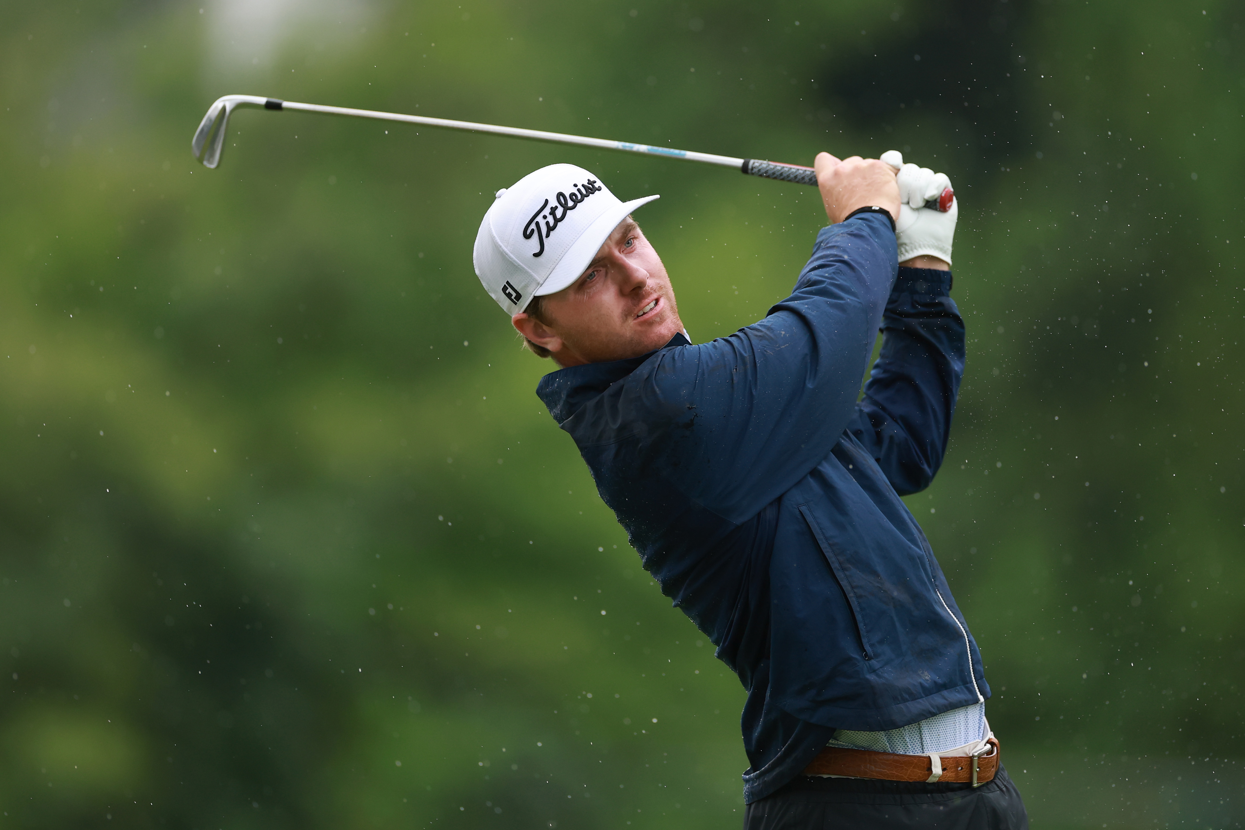 Ryan Gerard of the United States plays his shot from the ninth tee during the final round of the Rocket Classic 2026 at Detroit Golf Club (Photo by Gregory Shamus/Getty Images)
