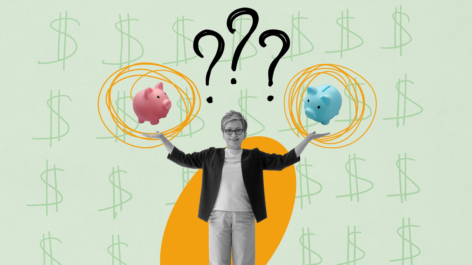 a woman considers two savings account options by holding a piggy bank in each hand