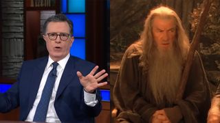 Stephen Colbert and Ian McKellen side-by-side with Colbert at his desk and McKellan in Gandalf robes also sitting.