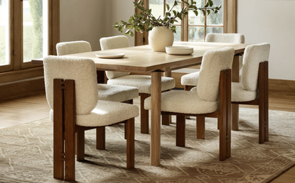 modern dining table and wood and white chairs