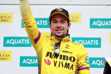 Primoz Roglic (Jumbo-Visma) on the Tour de Romandie podium.