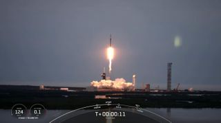 A SpaceX Falcon 9 rocket launches on its record-breaking 15th mission on Dec. 17, 2022, carrying 54 Starlink satellites to orbit.