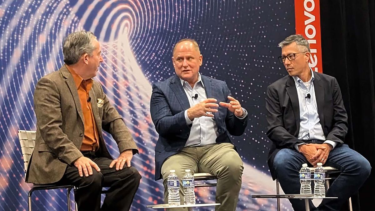 Bob O&#039;Donnel, Daryl Cromer, and Jeff Snow speaking on a panel at Lenovo Tech World 2024.